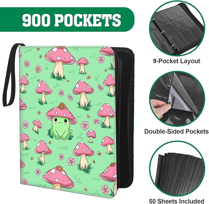Cute Frog & Mushroom 9-Pocket Trading Card Binder Album, 900 Card Zipper Binder with 50 Removable Sleeves, Refillable 3-Ring Card Book for MTG, TCG and Sports Cards, Fits 2.5" x 3.5" Cards