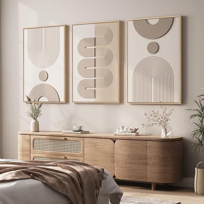 Large 3D Textured Framed Neutral Abstract Wall Art for Living Room, 3 Piece | Solid wood frame, sandstone texture painting, curved line detail and beige tone, ready to hang, wall decor for bedroom office