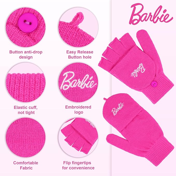 Barbie Winter Hat for Women – Winter Beanie Hats for Women with Gloves, Warm Beanie Hats, Pink Knitted Beanie