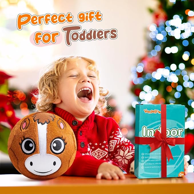 Silent Indoor Soccer Balls for Toddlers, Inflatable Soft Plush Baby Toddler Soccer Ball Toys Gifts for 0+Year Old Boy Girl First Birthday Gift (Pony, Pump Include)