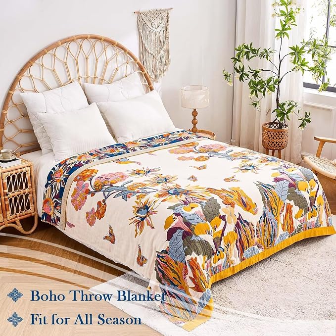 XIBLC Boho Throw Blanket, 100% Cotton Ultra Soft Luxury Throw Rustic Quilt, 80"x90" Floral Bird Butterfly Farmhouse Decor Bed Blankets, All Season Rustic Reversible Bohemian Throw for Bed - Yellow