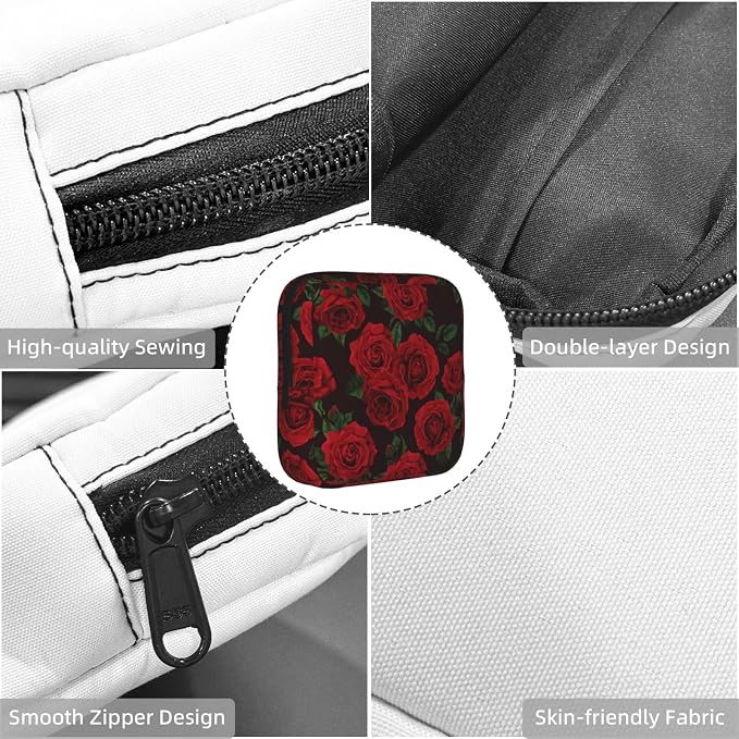 Red Rose Flower Floral Love Valentine Happy Valentines Day Period Bag For Women,Portable Sanitary Napkin Period Pad Pouch For Purse, Small Make Up Bags