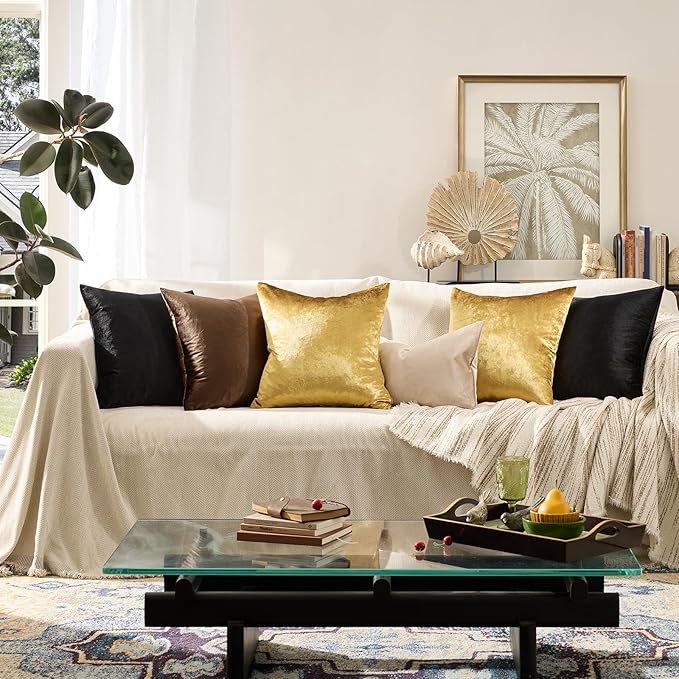 GIGIZAZA Decorative Couch Throw Pillow Covers,Set of 2 Gold Square Pillow Cushion Covers 22x22,Pillow Cases Velvet Pillow Covers | Throw Pillows for Couch Sofa,300gsm Soft Textured Fabric,Modern Square Pillowcases,Luxury Cushion Covers