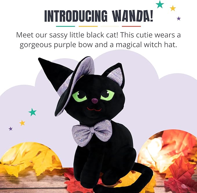 Wanda The Witch Cat - Stuffed Animal | Halloween Decorations & Fall Décor | Surface Washable & Safe Materials | Stuffed Cat for Home Decor - Witch Wanda, 8 Inch