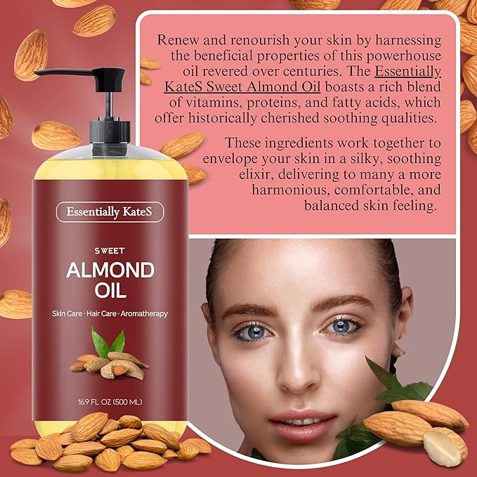 Essentially KateS Sweet Almond Oil 33.8 Fl Oz - Pack of 2 x 16.9 Fl Oz - 100% Pure and Natural - Conditioning, Moisturizing & Nourishing - No Greasy Feel - A Natural Vit. E source