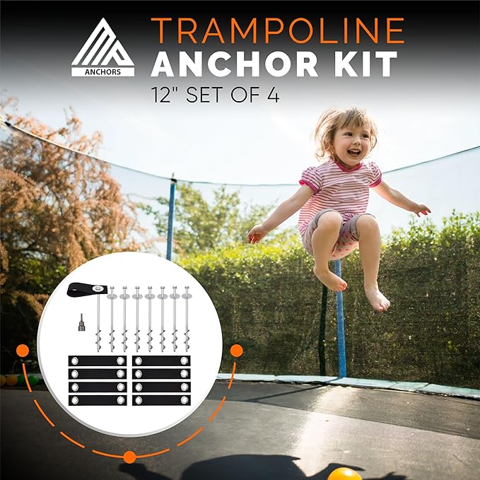 Trampoline Anchors High Wind Heavy Duty 12" Set of 4/6/8 with Straps, Drill Bit - Trampoline Anchor Kit - Trampoline Stakes Anchors High Wind - Ground Anchors - Trampoline Wind Stakes - Ground Stakes