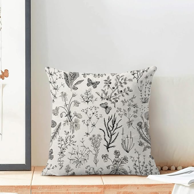 AEIOAE Spring Pillow Covers 24x24 Inch Set of 2,Black Gray Wild Flower Plant Throw Pillows Case,Seasonal Floral Outdoor Decorative Square Linen Farmhouse Decor Cushion Covers for Home Sofa Bed Couch