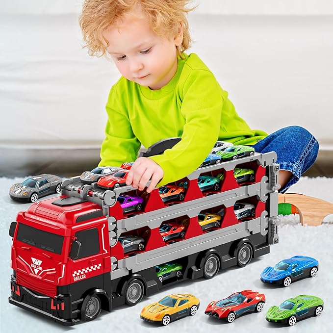 78 inches Transport Truck with 24pcs Die-Cast Cars Toys, Cars Toddler Toys Gifts for 2-7 Years Old Boys & Girls, Blue Modern Truck Toys