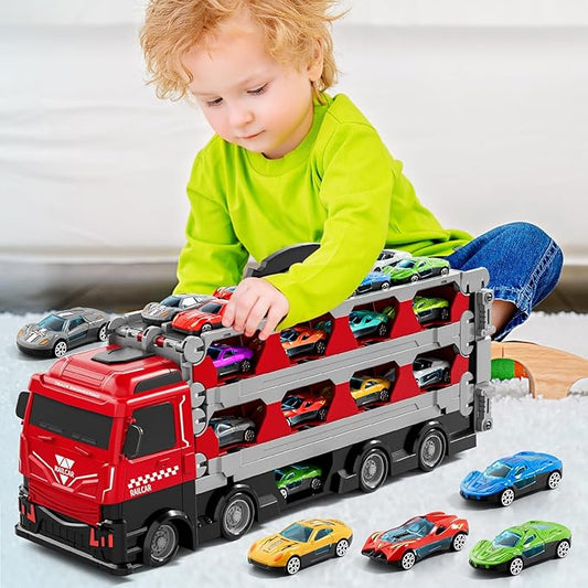 78 inches Transport Truck with 24pcs Die-Cast Cars Toys, Cars Toddler Toys Gifts for 2-7 Years Old Boys & Girls, Blue Modern Truck Toys