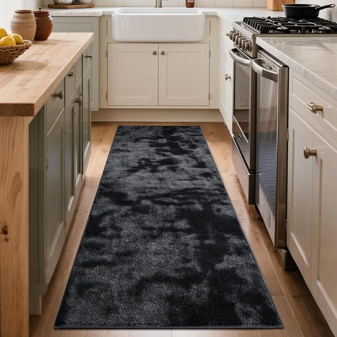 FinRèc 2x8 Washable Runner Rugs for Kitchen Hallway Bedroom, Low Pile Thin Ultra Soft Shag Rug, Non-Slip Carpet Indoor for Home Decor (Tie-dye Dark Grey)