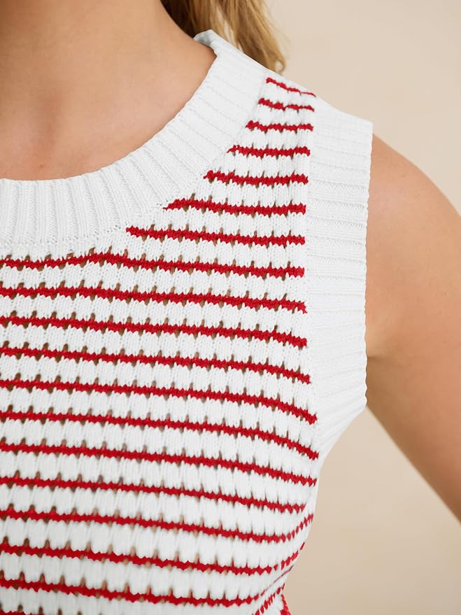 ANRABESS Womens Sleeveless Sweater Vest Striped Tank Tops | Crochet Knit Crew Neck, Lightweight Soft Comfy, Vacation Travel Work Casual Outfits, Sping Summer Layering Clothes