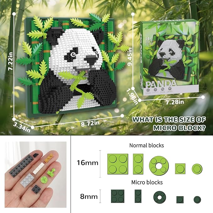 Panda Animal 3D Wall Art Micro Mini Building Blocks Set, Unique Home Wall Decor or Table Display, No Compatible with Lego Set, Ideal Gift Toy for Adults Boys Girls (1142 PCS)