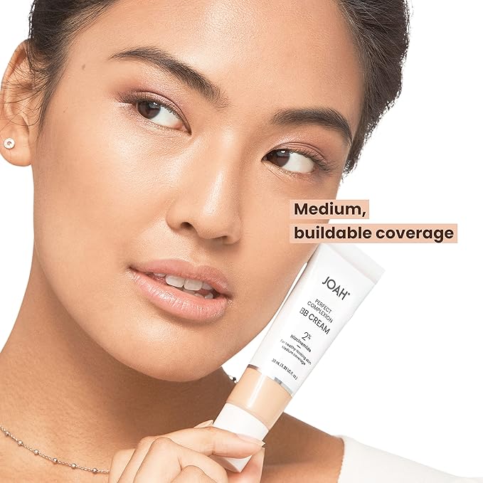 JOAH Perfect Complexion BB Cream with Hyaluronic Acid and Niaciminade, Korean Makeup with Medium Buildable Coverage, Evens Skin Tone, Lightweight, Semi Matte Finish, Tan with Neutral Undertones (Light with Cool Undertones)