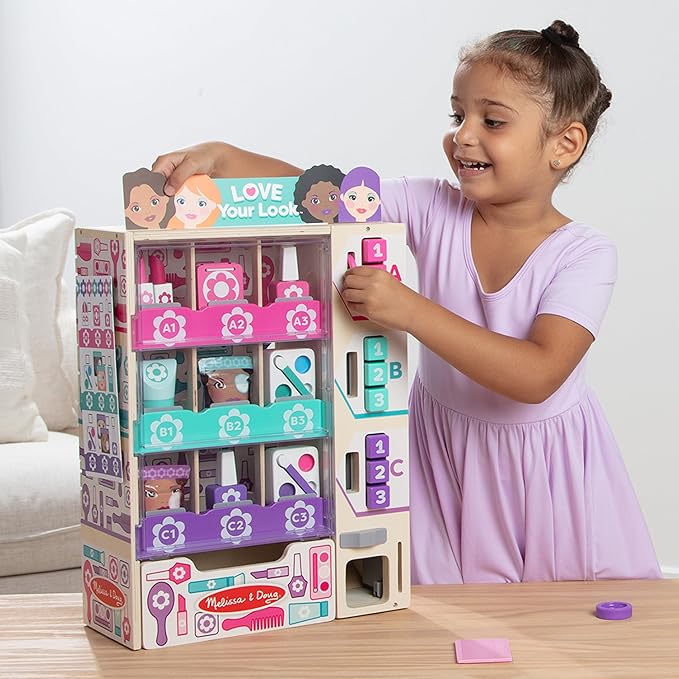 Melissa & Doug Sort, Stock, Select Beauty Kiosk Vending Machine Play Set, Pretend Makeup Wooden Toy for Boys and for Girls 3+ - FSC Certified