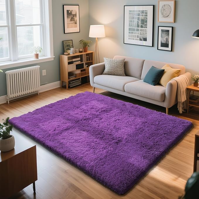 Purple Fluffy Rug Shag Area Rug, 5x8 Area Rugs for Girls Bedroom, Soft Play Mat, Indoor Floor Carpet for Teen, Preppy Dorm, Plush Aesthetic Bedside Rug