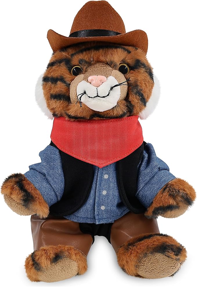 DolliBu Squat Tiger Stuffed Animal Cowboy Plush with Name Personalization - Western-Themed Tiger Plush with Cute Cowboy Costume Denim Shirt Vest, Bandana, Leather Pants, and Hat - 8 Inches