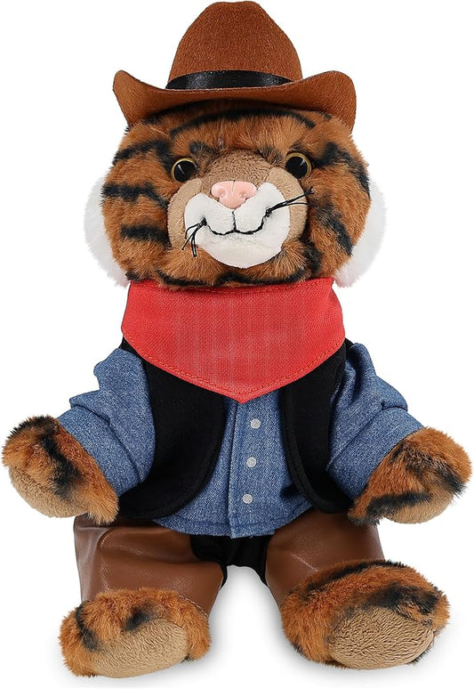 DolliBu Squat Tiger Stuffed Animal Cowboy Plush with Name Personalization - Western-Themed Tiger Plush with Cute Cowboy Costume Denim Shirt Vest, Bandana, Leather Pants, and Hat - 8 Inches
