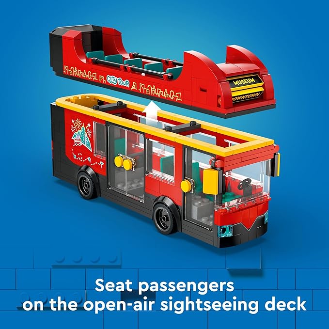 LEGO City Red Double-Decker Sightseeing Bus Toy Vehicle Set, Birthday Gift for 7 Year Olds, for Kids, Double-Decker London Bus Toy, 5 Characters Including a Baby and Stroller, 60407