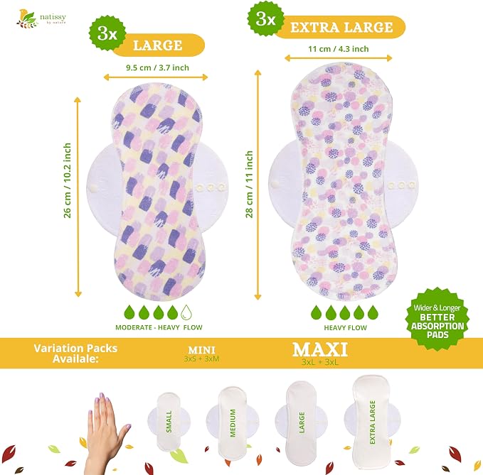 Non Slip Reusable Panty Liners for Women Thong 7-Pack (S) Organic Cotton Panty Liners Reusable & Non Slip Reusable Pads Menstrual Heavy Flow 6-Pack (L+XL) Organic Cotton Cloth Menstrual Pads