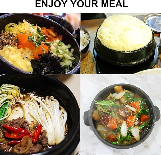 Korean Stone Bowl with Lid, Ttukbaegi for Bibimbap & Soup, 32 fl oz | Twice-fired natural clay, sturdy earthenware construction, Microwave and dishwasher safe, Use on gas stovetop, grill or oven