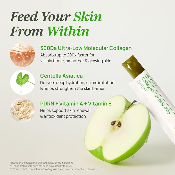 FOODOLOGY Coleology Centella Jelly Collagen Petide, Gree Apple, 10 Sticks | PDRN, Biotin & Hyaluronic Acid, Vitamin for Skin Glow, Hair & Nail Support, Korean Jelly Collagen Sticks