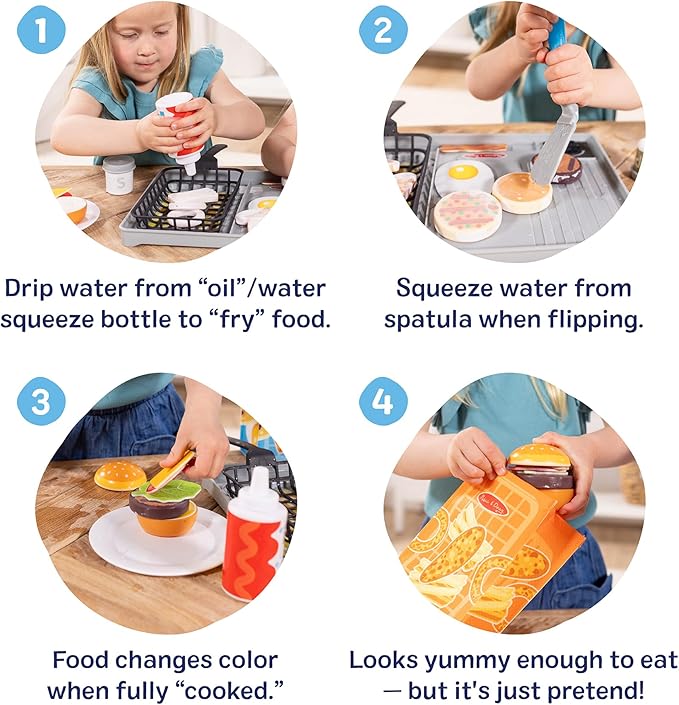 Melissa & Doug Flip & Fry Grill Play Set with Water Wow!® Kids Kitchen Playset with Color Changing Play Food, Preschool Toys for Girls & Boys Ages 3+