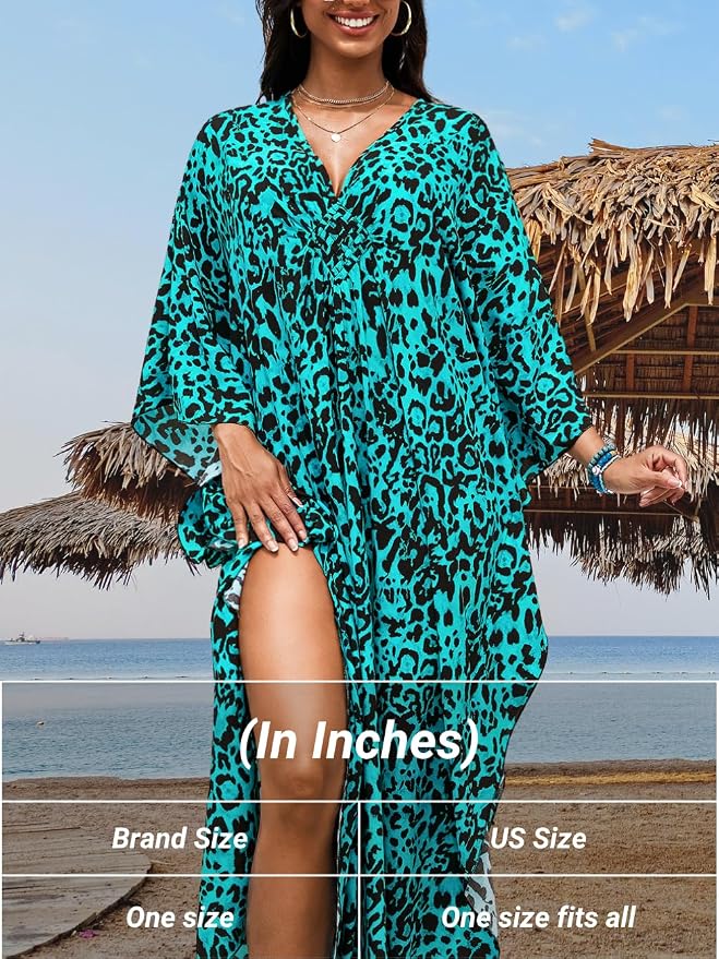 ChiaoLezhee Print Moo-Moos for Women, Kaftan Cover-Up Dresses, Sexy V-Neck High-Slit, Beach Pool-Party Coverups Muumuu Plus