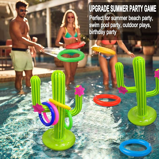 Inflatable Cactus Ring Toss Game Set Target Toss Floating Swimming Ring Toss Includes Cactus,4 Rings for Fiesta Party Accessories Hawaiian Pool Beach Party Decoration Supplies