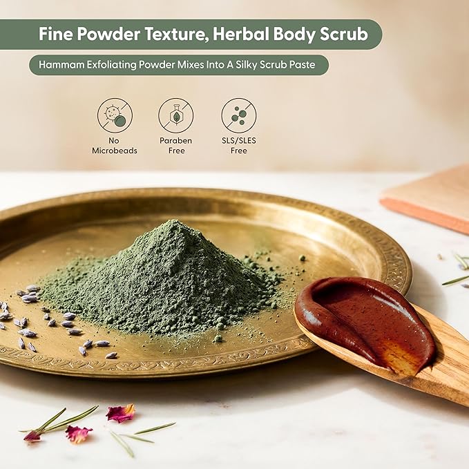 Moroccan Tebrima Herbal Exfoliating Body Scrub Powder | Natural Body Exfoliator for Women & Men, Gentle Bikini Exfoliating Scrub with Nila, Henna, Rose & White Clay for Smooth, Glowing Skin