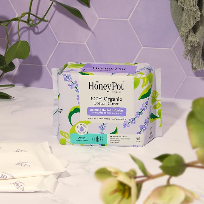 Honey Pot - Calming Herbal Super Sanitary Pads for Women - 100% Organic Cotton Top Sheet - Feminine Care - Non Cooling - Calming Herbs of Lavender, Ashwagandha, & Lemon Balm - 16ct