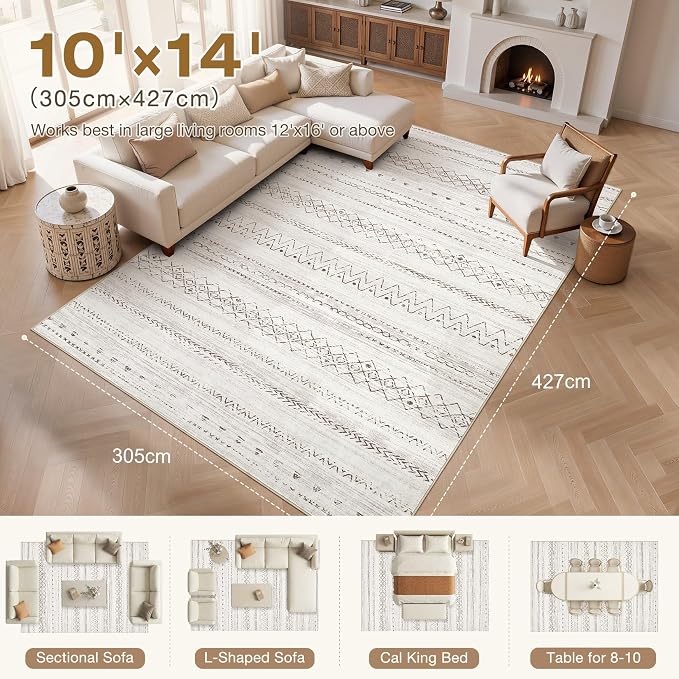 cotiled 10x14 Area Rugs Living Room Rug: Washable Boho Rugs with Non Slip Backing Large Soft Indoor Stain Resistant Carpet for Bedroom Farmhouse Dining Room Lightweight Home Decor Brown
