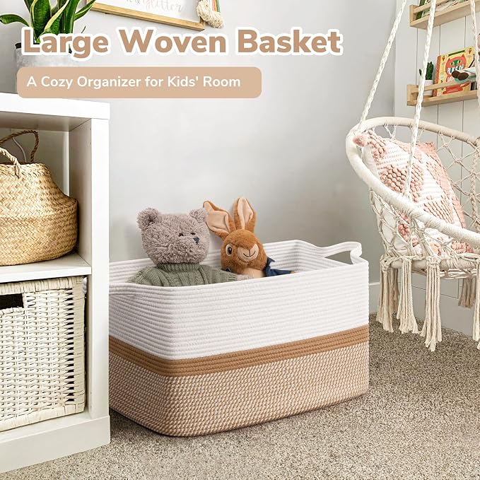 Goodpick Large Woven Rope Blanket Basket, Rectangle, White & Camel Mix | 21.6'' x 14.9'' x 11.8'' Storage Basket for Blankets & Toys, Living Room, Bedroom & Nursery Organization, Home Decor