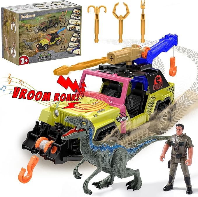 EKU Dinosaur Tow Truck with 10 Sounds, Launcher, Human, Chomping Velociraptor Figure, Push and Go Adventure Vehicle for Jurassic World Toys Pretend Play Gifts for Kids Boys Girls 3+