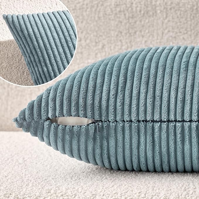 MIULEE Decorative Corduroy Throw Pillow Covers Set of 2 18x18 Smoky Blue | Soft Striped Textured Cushion Cases, Boho Coastal Square Pillowcases for Home Decor, for Couch Chair Sofa Bed Living Room
