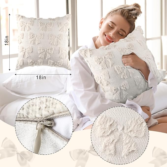 Mixweer Beige Bow Pillow Covers Set of 2 Preppy Room Decor Coquette Cute Spring Summer Decorative Faux Fur Soft Bowknot Stuff Fluffy Plush Aesthetic Pillowcase for Bed Sofa Couch (18 x 18 Inch)