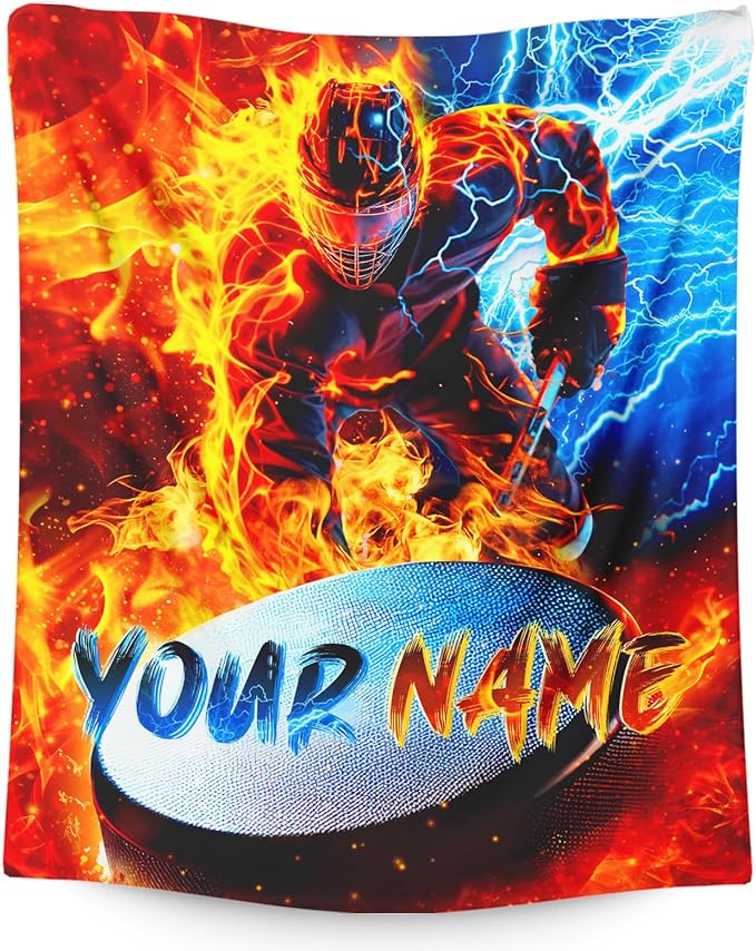 Boys Ice Hockey Blanket Gift Personalized Sport Theme Throw Blankets for Kids Teens, 50x60 Inches Warm Soft Cool Custom Decor Throw for Sofa Couch Bed Office