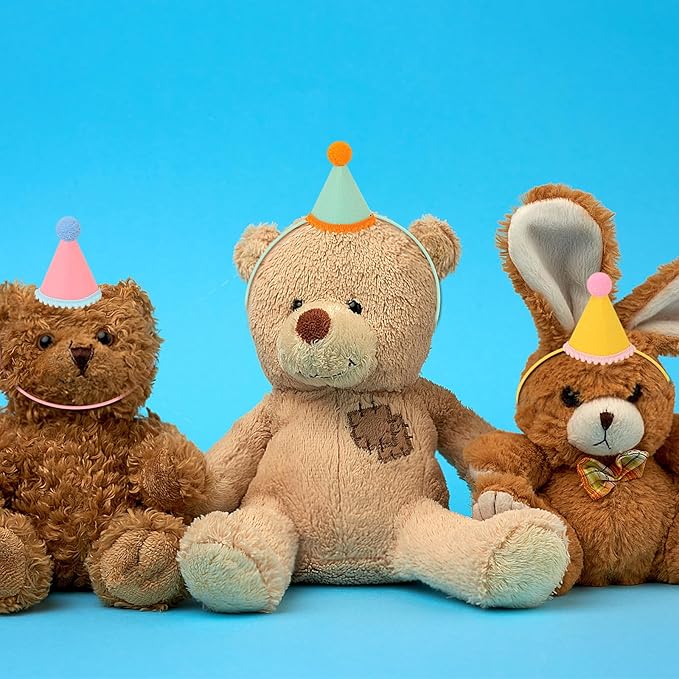 12 Pack Mini Party Hats for Stuffed Animals, Birthday Party Cone Hats, Rainbow Themed Felt Hat for Dolls Dog Cat Rabbit Puppies Assorted Animal Birthday Decorations - No Assembly Required