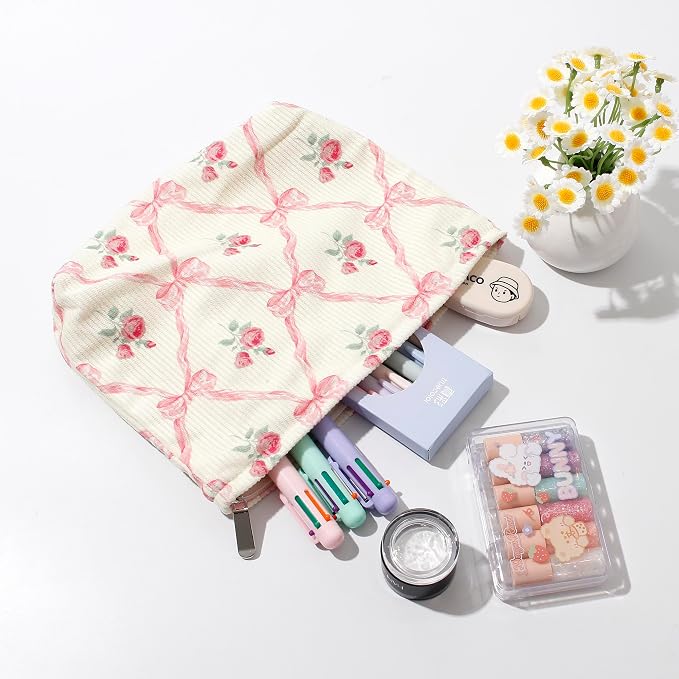 Cosmetic Bags for Women - Corduroy Cosmetic Bag Aesthetic Women Handbags Purses Smile Dots Makeup Organizer Storage Makeup Bag Girls Case Bags (Flowers-Cherry)