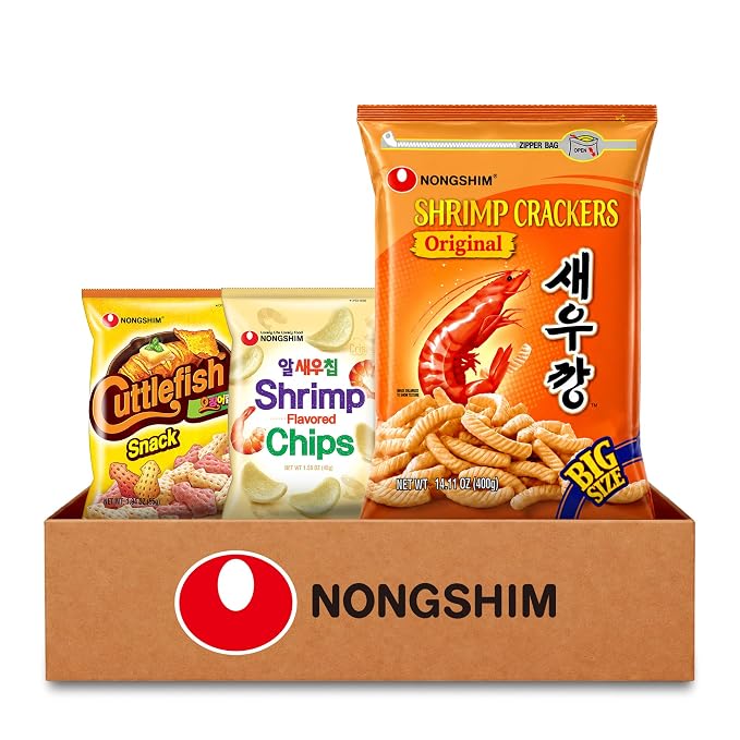Nongshim Shrimp Chips 3-Flavor, Crispy Korean Snack Variety, 5 Count | Korean shrimp chip variety with original, spicy and gochujang seasonings, airy chip texture