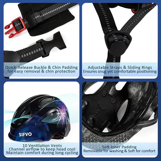 Kids Bike Helmet with LED Light, SIFVO Youth Toddler Boys Girls Helmets,2 Size Adjustable for Ages 3-5-10,Multi-Sport for Bicycle, Scooter, Skateboard,46-55cm