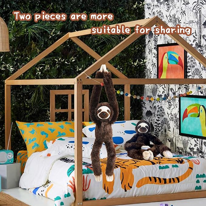 2 Pcs 50CM realistic hanging plush animal-filled Sloth Toys with Hands and Feet and Parent-Child Knot, Sloth Soft Long Plush Jungle Party Decoration Curtain Storage Toys Stuffed Animals for Kids 4-8