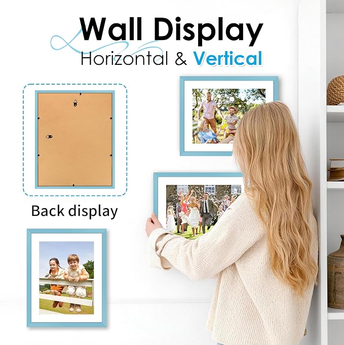 FIXSMITH 8.5x11 Picture Frame Set of 2, Blue Photo Frame with HD Plexiglass, Display Pictures 6x8 with Mat or 8.5x11 Without Mat, Black Picture Frames Collage Wall Decor, Gallery Wall Frame