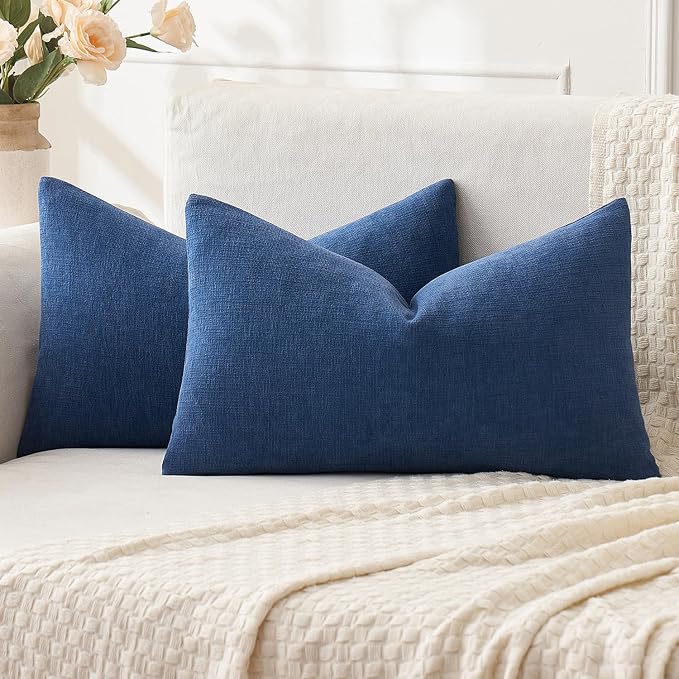 MIULEE Navy Blue Chenille Couch Lumbar Throw Pillow Covers, 12x20 | Set of 2, Soft Coastal Home Decor, Modern Farmhouse Decorative Pillowcases for Sofa Living Room Bed