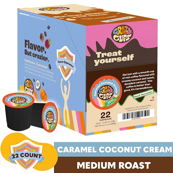 Crazy Cups Decaf Flavored Coffee Pods, Decaffeinated Caramel Coconut Cream Flavored Coffee, Single Serve Hot or Iced Medium Roast Coffee for Keurig K Cups Machines, 22 Count