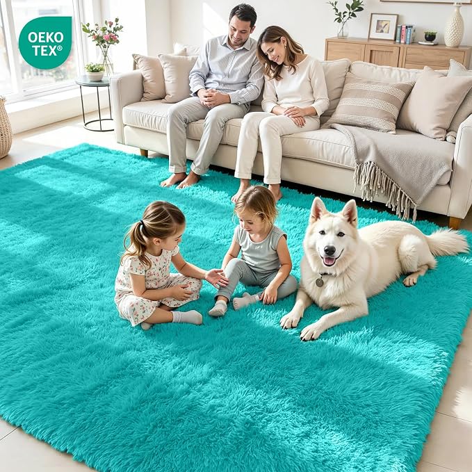 8x10 Area Rug for Living Room, Ultra Soft Fluffy Turquoise Rugs for Bedroom, Non Slip Large Shag Carpet, Fuzzy Plush Nursery Rug, Thick Washable Indoor Floor Carpets for Kids Office Dorm Home Decor