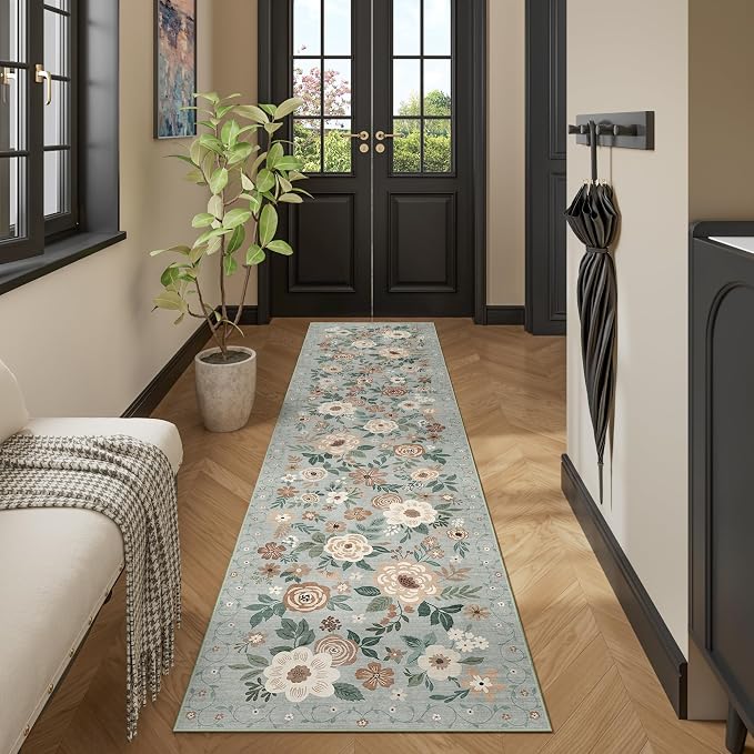 DUKINO 2x10 Runner Rug, Washable Kitchen Runner Rug Non Slip, Sage Green | Soft, Low Pile, Stain Resistant Indoor Rug Runner for Hallway, Entryway, Bedroom, Bathroom, Laundry, Pet Friendly, Home Decor
