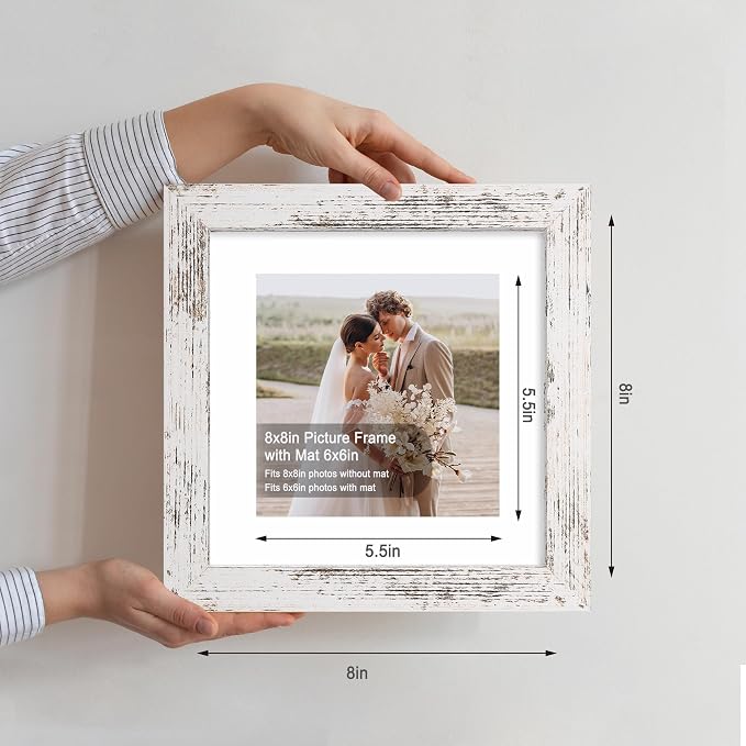 Hongkee 8x8 Picture Frame Set of 4, Made of Glass and Multicolour Wooden Frame, 8 by 8 Photo for Wall or Tabletop - Display Picture 6x8 with Mat or 8x8 Without Mat