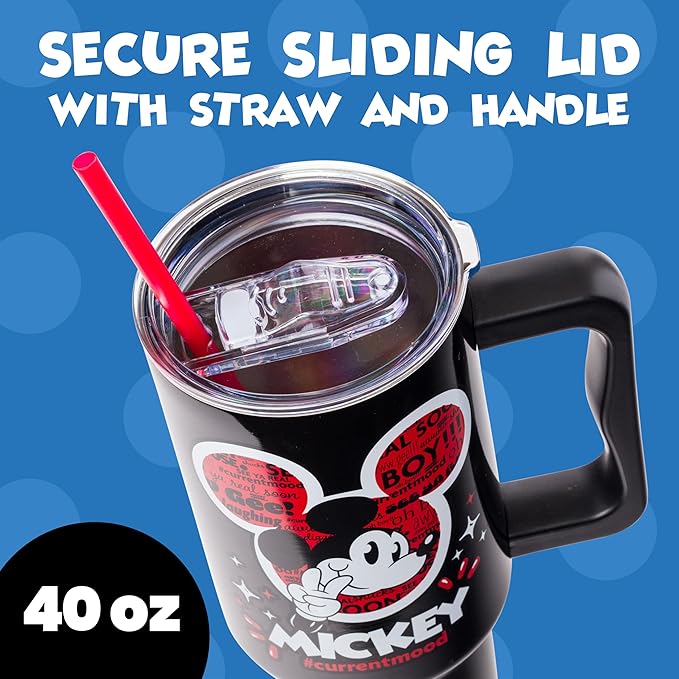 Silver Buffalo Disney Classic Mickey Mouse Hashtag Current Mood “#currentmood” Double Walled Stainless Steel Tumbler with Handle and Straw, Fits in Standard Cup Holder, 40 Ounces