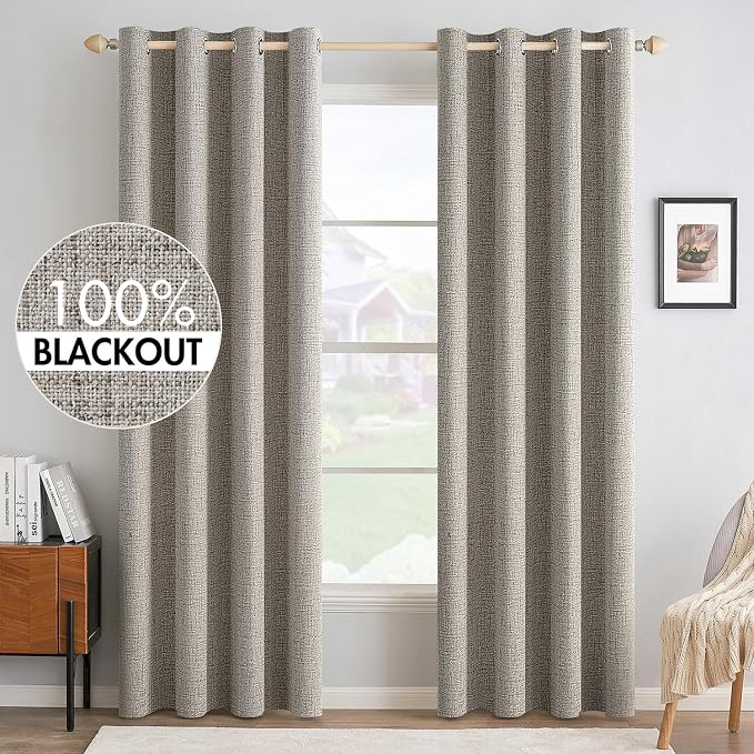 MIULEE Linen Curtains for Bedroom Solid 100% Blackout Thermal Insulated Greige Curtains Grommet Room Darkening Draperies for Living Room 52x96 Inch (2 Panels)