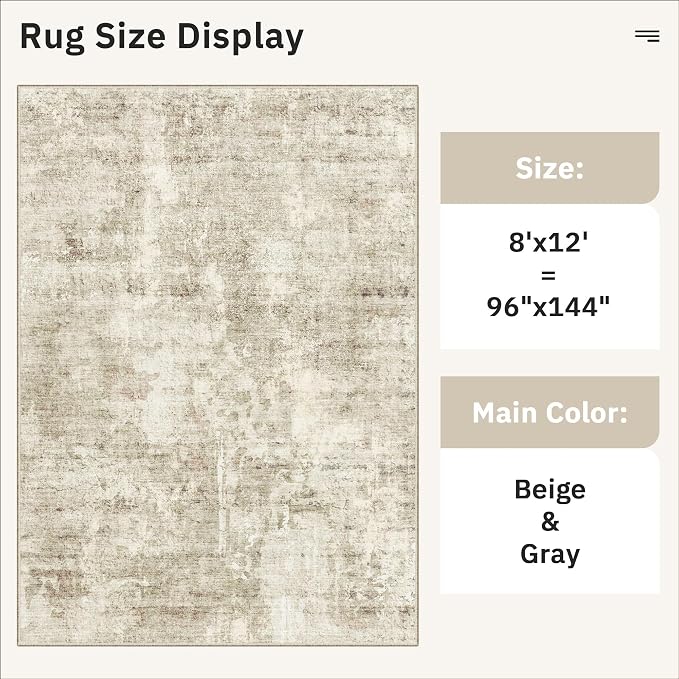 Soalmost Abstract Rug 8x12 Large Living Room Area Rugs Washable Beige/Gray | Modern Non-Slip Carpet for Dining Bedroom, Stain Resistant Foldable Thin Low Pile Floor Mat Under Table Home Office Decor